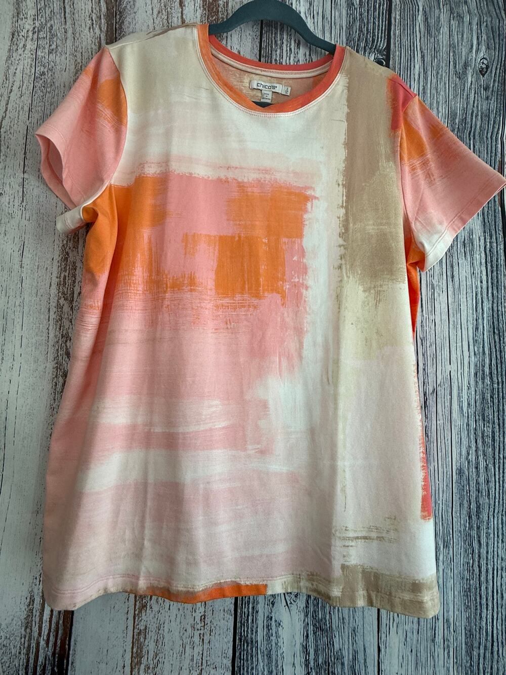 Chicos Watercolor Cap Sleeve Tea in Calypso Coral Print 3XL